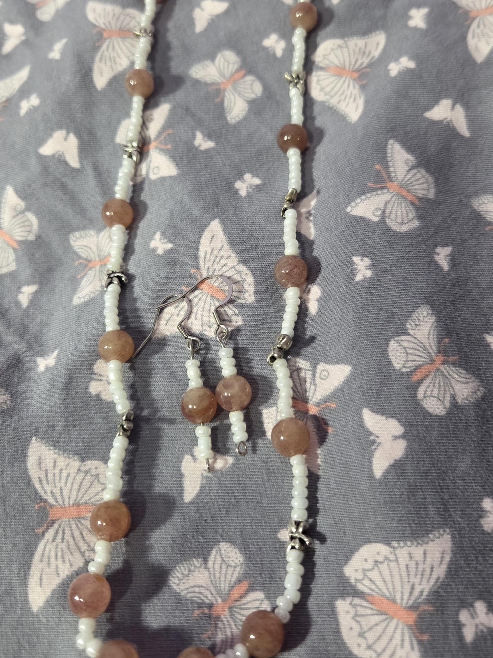 Pink MoonStone Necklace & Earrings Set With White Glass Beads - Picture 2 of 3